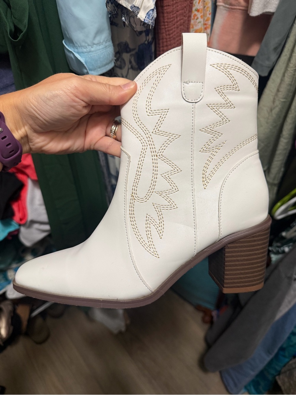 Women’s White Western Ankle Boot with Block Heel